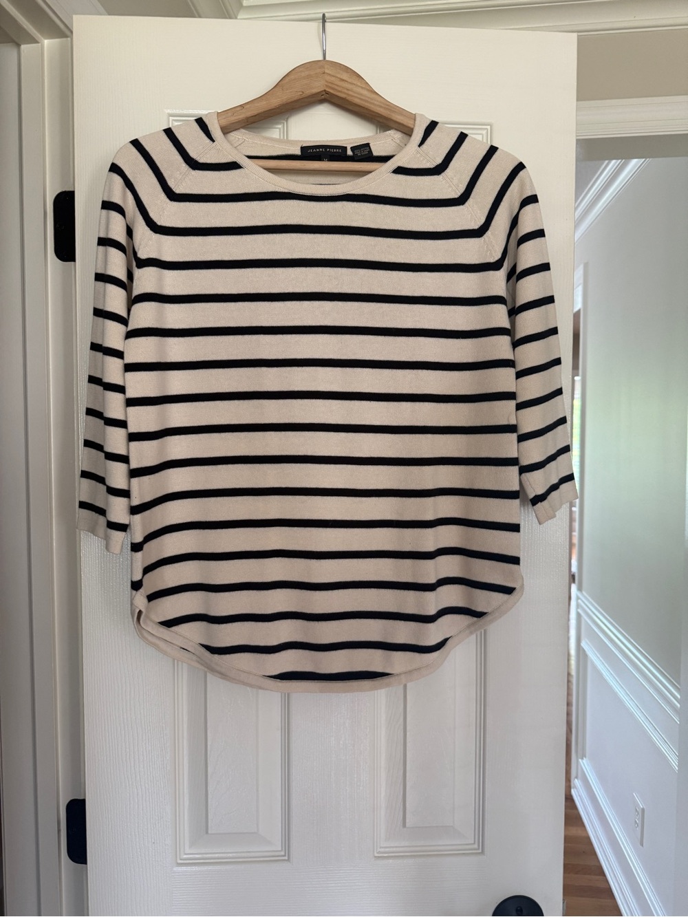 Jeanne Pierre Striped Sweater Medium Beige Black 3/4 Sleeve Cotton Knit Top